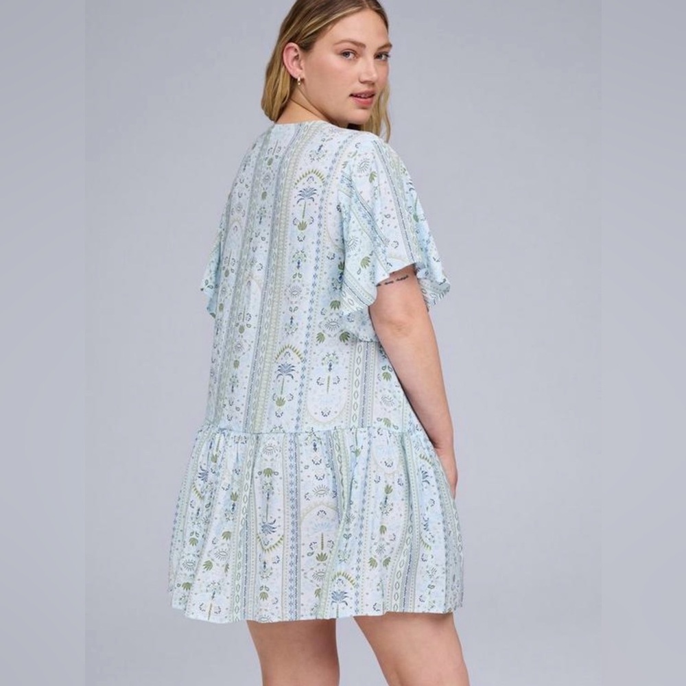 Belle Isle Pop Over Mini Dress Carolina Palms Light Blue Size 2 Blue Green - Picture 6 of 7